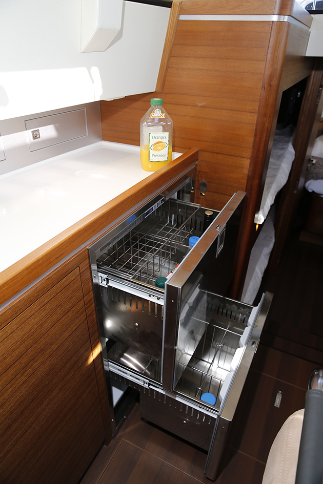 Marine drawer refrigerator installed in a wood-trimmed galley