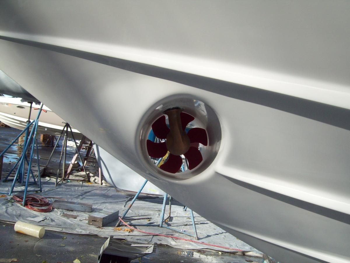Bow thruster in the hull of a boat ashore
