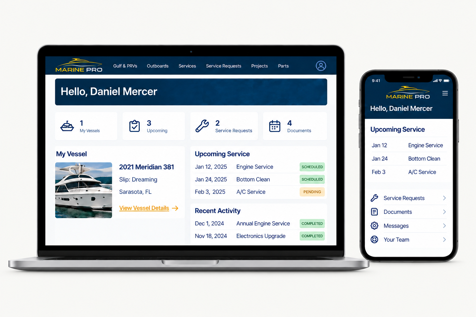 Illustrative Marine PRO management app on a laptop and phone